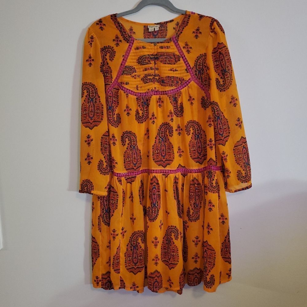 HOLDING HORSES Mustard Yellow Paisley Midi Dress with Magenta Trim